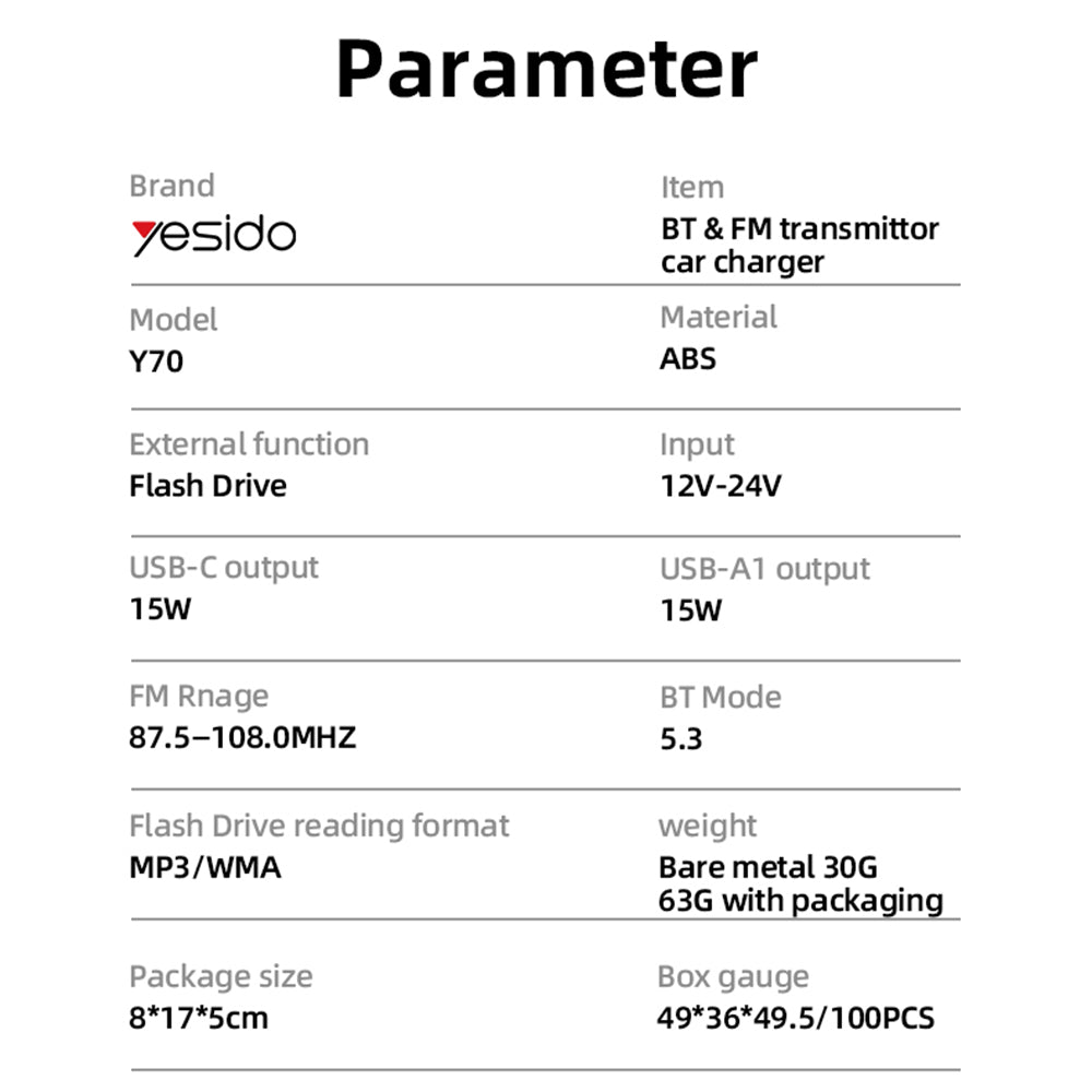 Modulateur FM Bluetooth Yesido Y70, 2 x USB-A - 1 x USB-C