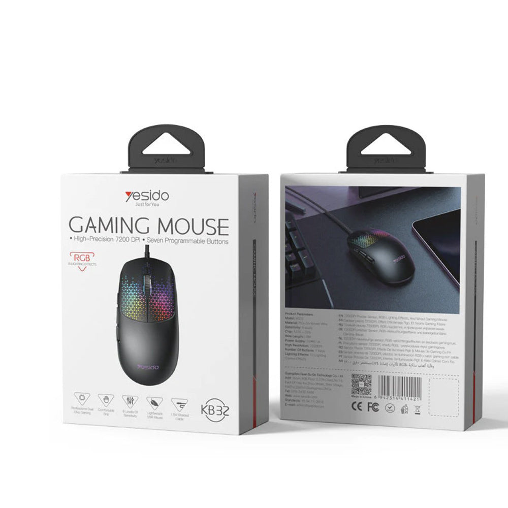 Mouse Gaming Cablato USB Yesido KB32, RGB, 7200DPI, Nero