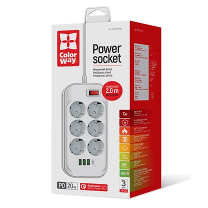 Prolunga ColorWay, 6 x Schuko, Bianco