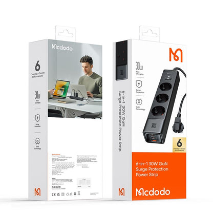 Prolunga McDodo CH-0620, 3 x Schuko - 1 x USB-A - 2 x USB-C, Nero