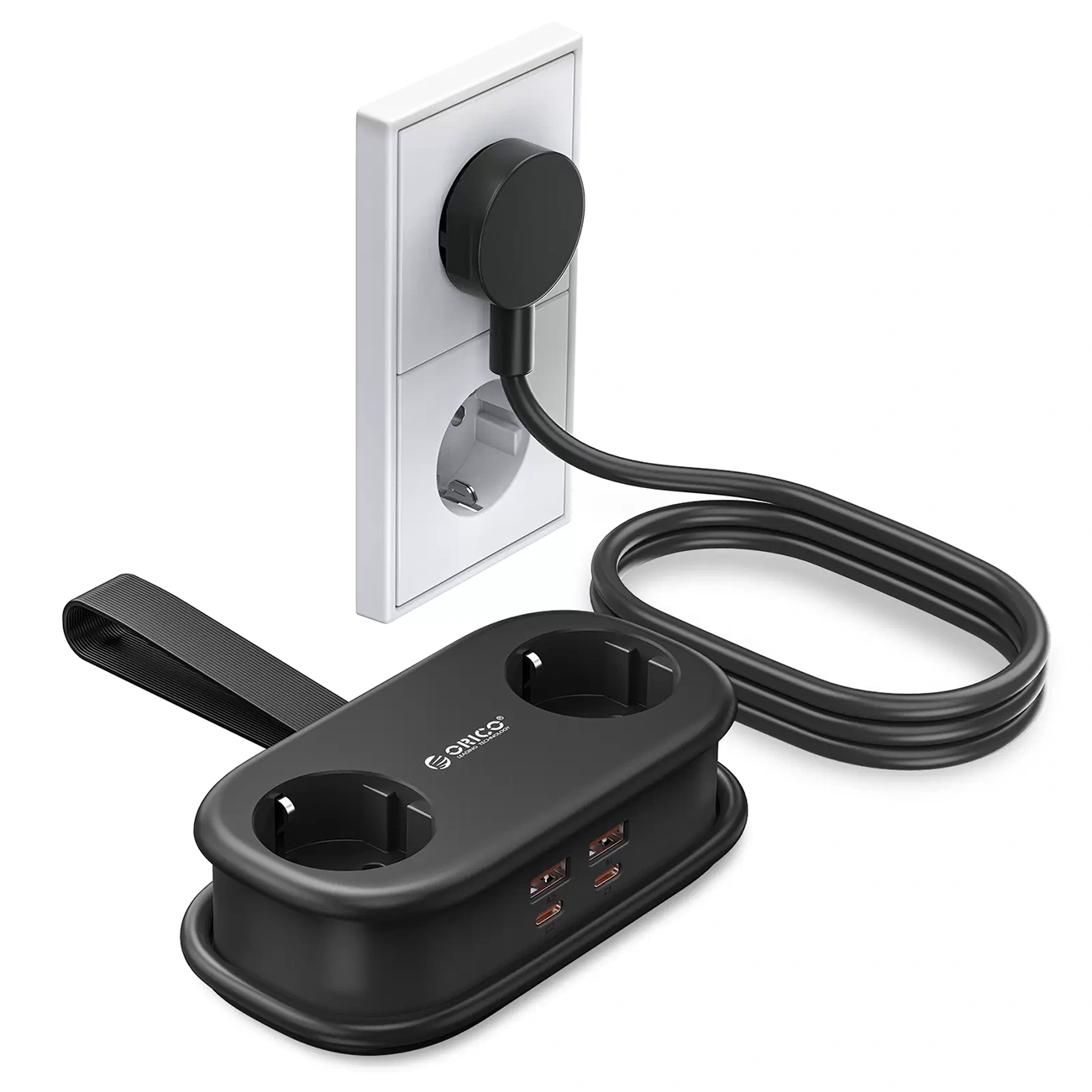 Orico Verlängerungskabel AP3, 2 x Schuko - 2 x USB-A - 2 x USB-C, Schwarz