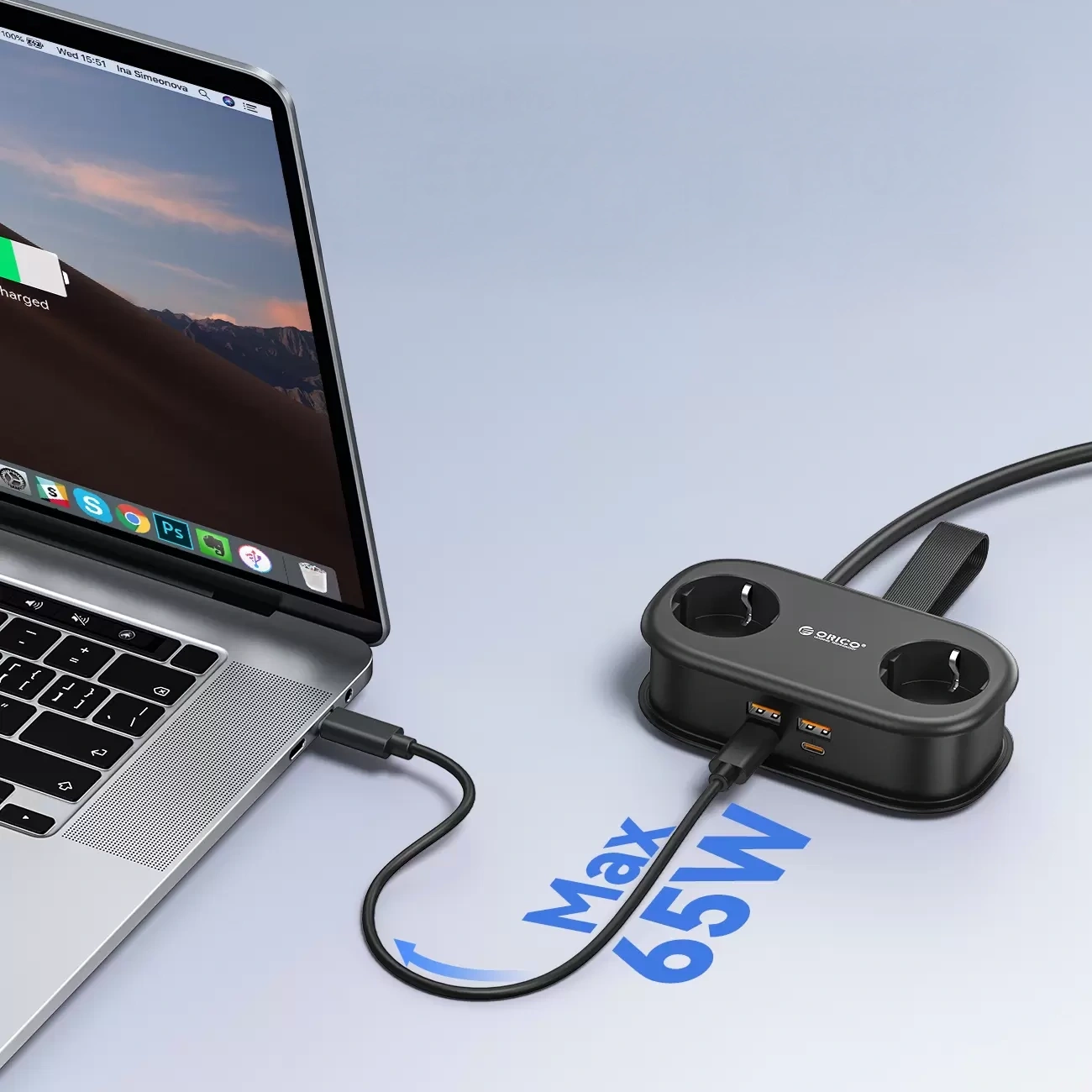 Orico Verlängerungskabel AP3, 2 x Schuko - 2 x USB-A - 2 x USB-C, Schwarz