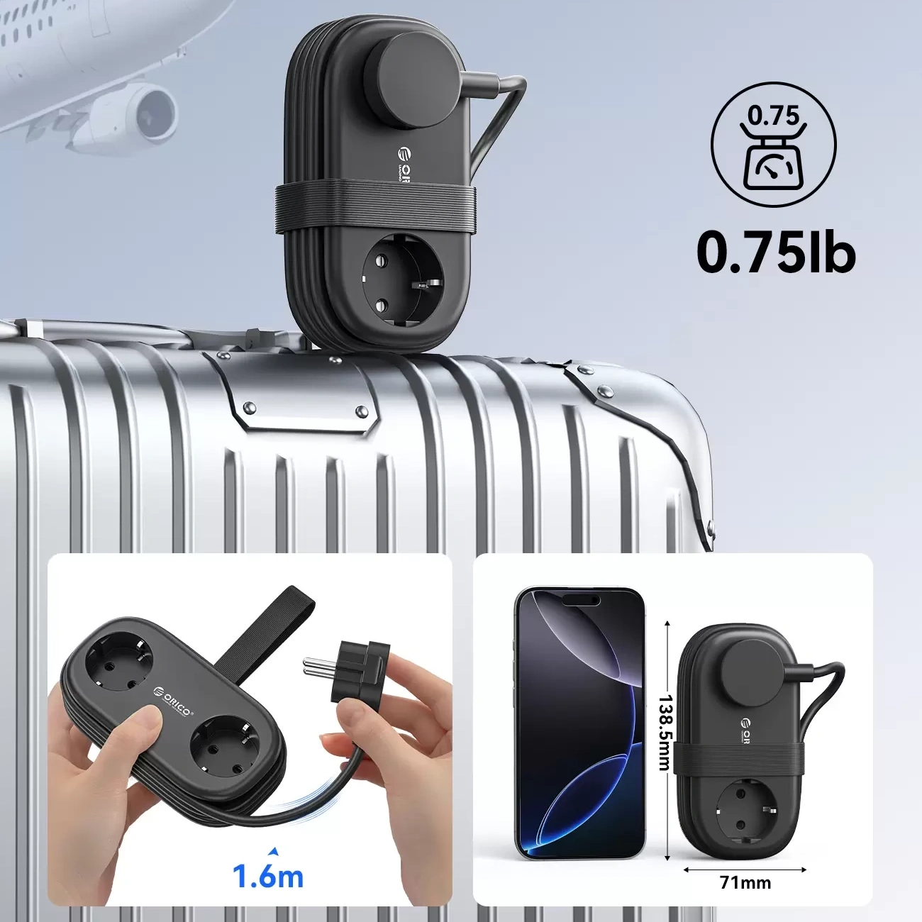 Orico Verlängerungskabel AP3, 2 x Schuko - 2 x USB-A - 2 x USB-C, Schwarz