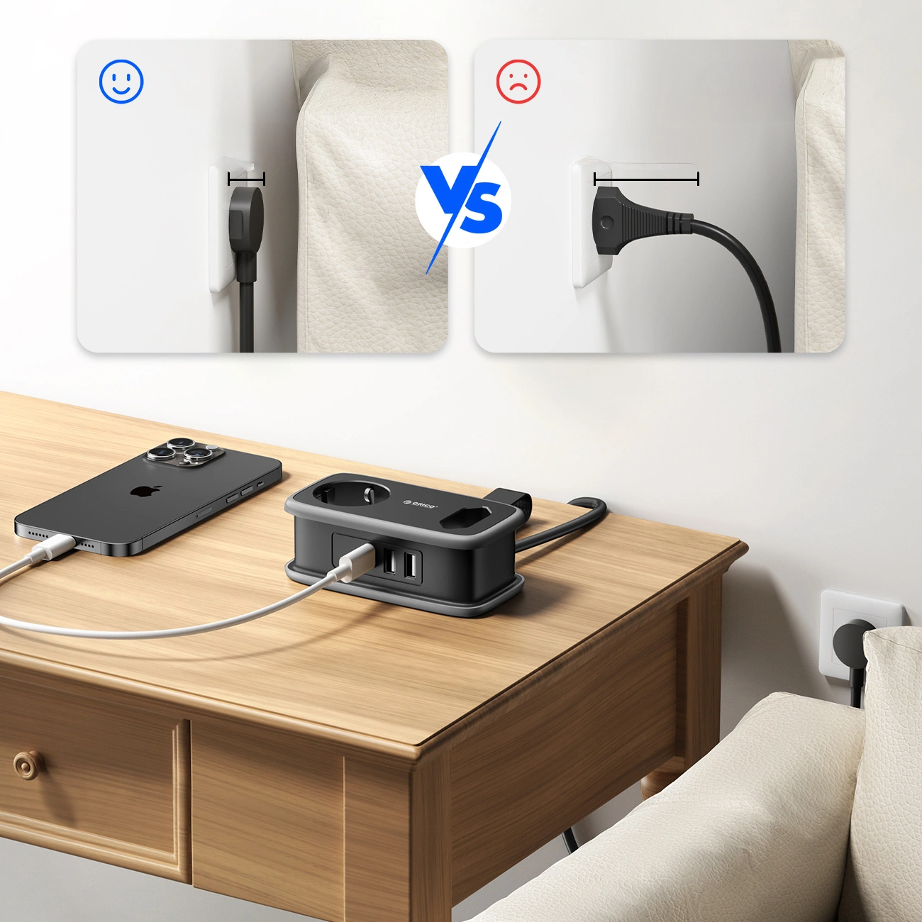 Prolunga Orico APP, 1 x Schuko - 1 x Presa - 2 x USB-A - 1 x USB-C, Nero Grigio