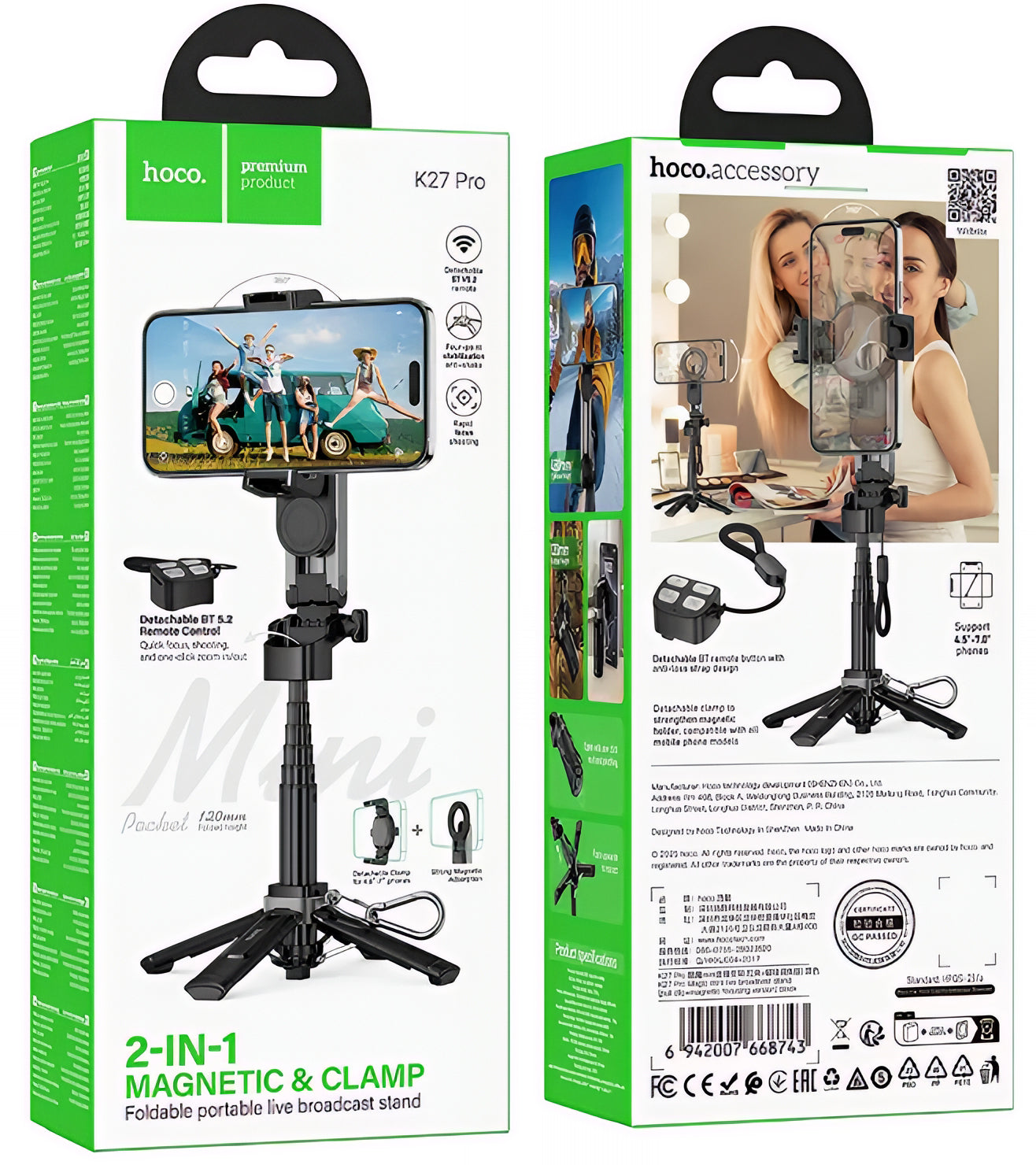Selfie Stick Bluetooth HOCO K27 Pro, Universal, Schwarz