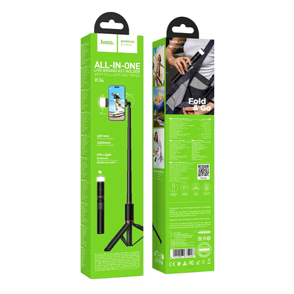 Selfie Stick Bluetooth HOCO K34, 4,5 pollici - 7 pollici, Nero