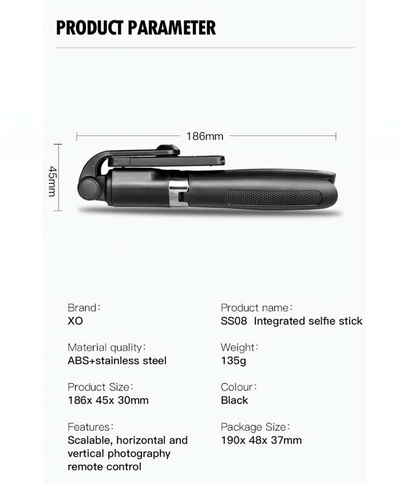 Selfie Stick Bluetooth XO Design SS08, Universale, Nero