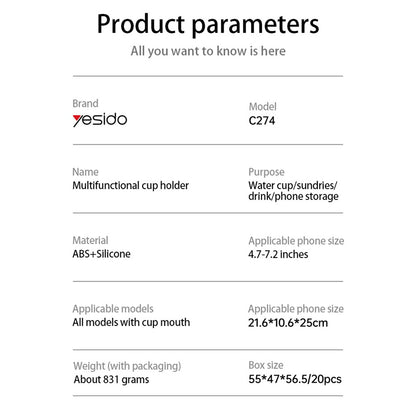 Support Auto Yesido C274, 4.7 pouces - 7.2 pouces, Noir
