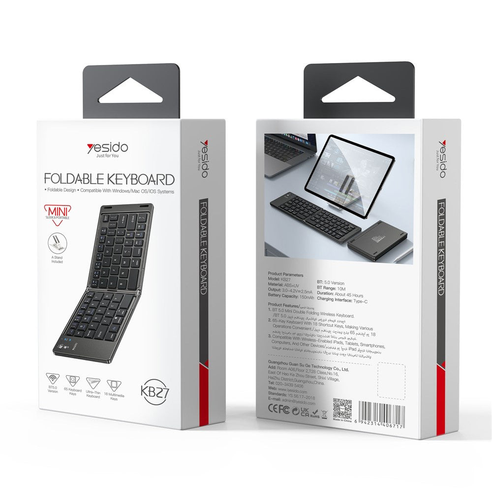 Tastiera Pieghevole Bluetooth Yesido KB27, Nera