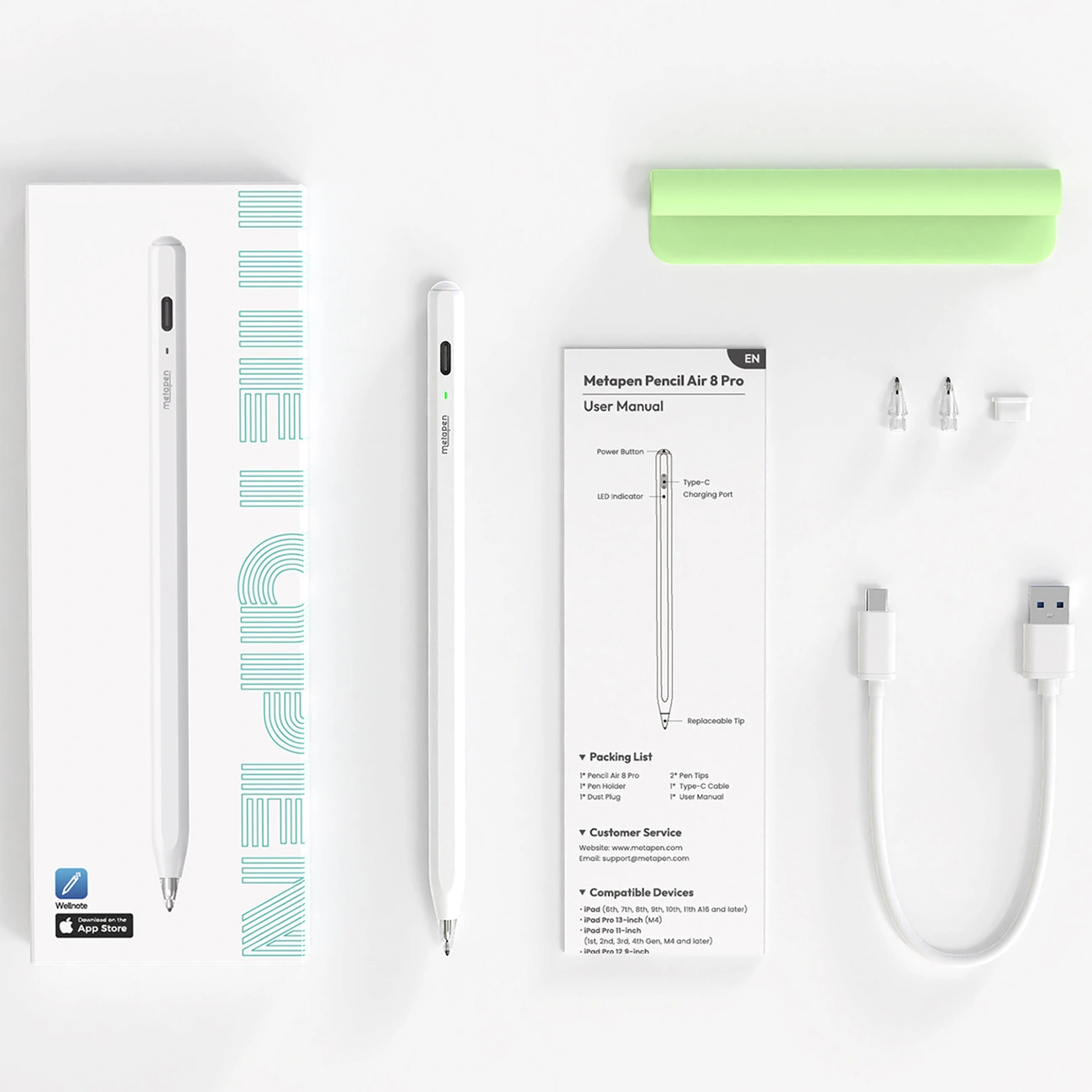 Stylet Metapen Air8 Pro pour Apple iPad, Version Active, Blanc ME-APP172